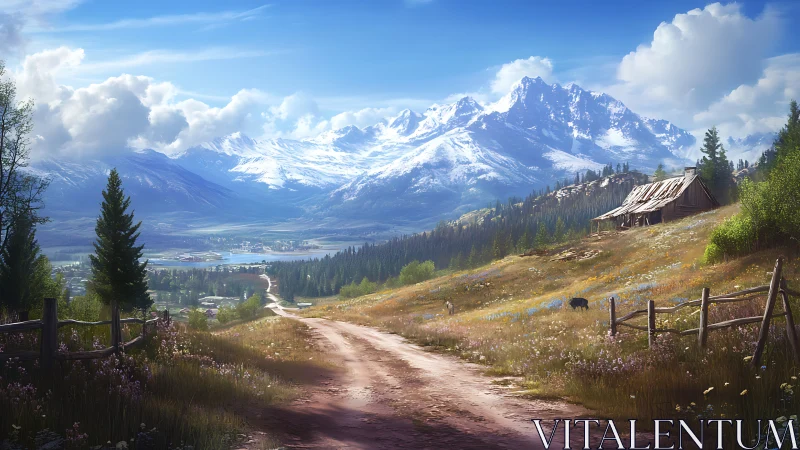 Mountain valley dirt road leads toward serene snowy peaks