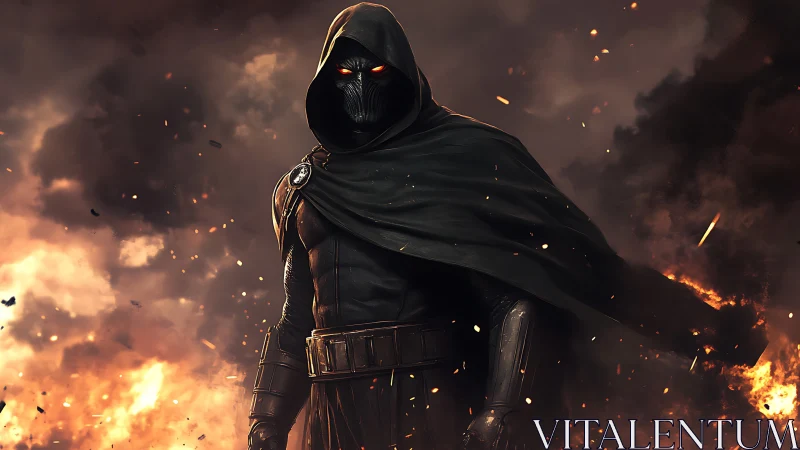 Hooded dark warrior stands in blazing, ember filled inferno