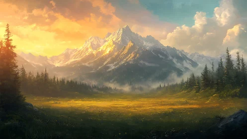 Sunlit alpine meadow rests beneath dramatic snowy peaks.