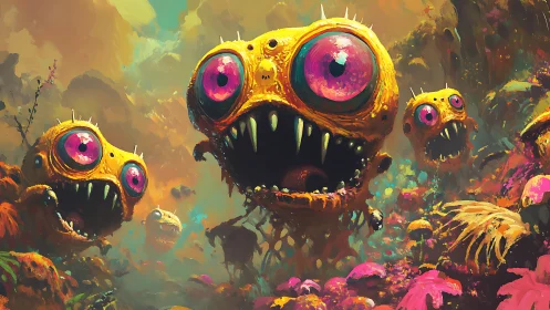 Multiple spherical creatures occupy a dense alien landscape