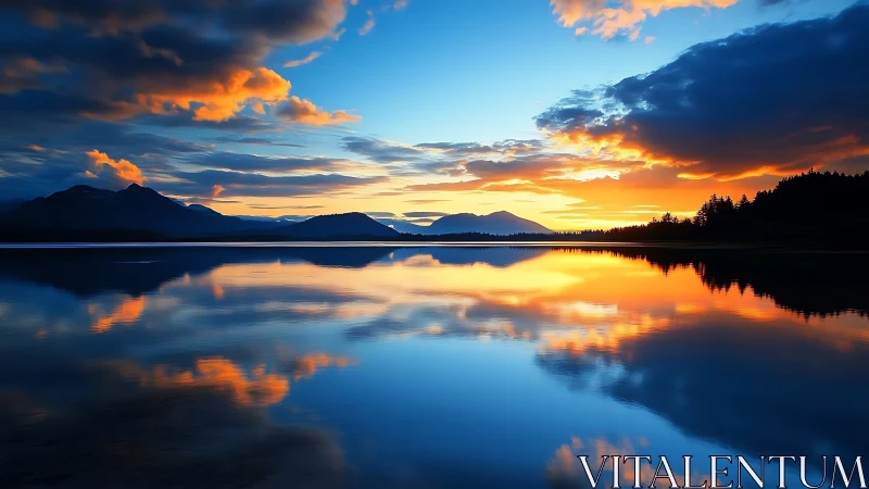 Panoramic alpine lake sunset renders mirrored chromatic sky