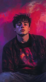 Young male portrait against vivid magenta painted backdrop.