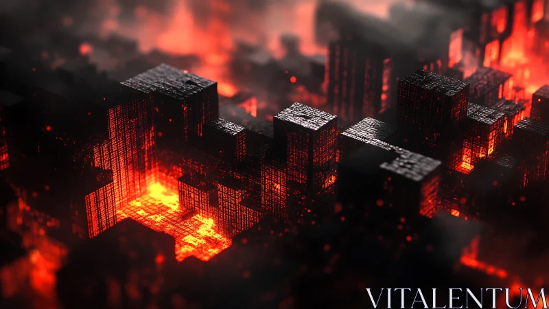 Digital Inferno: 3D City Ablaze with Neon Glow