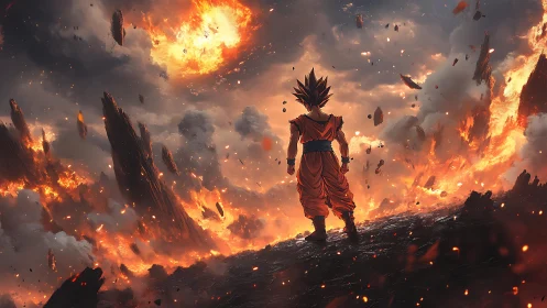 Solitary anime warrior surveys apocalyptic volcanic inferno