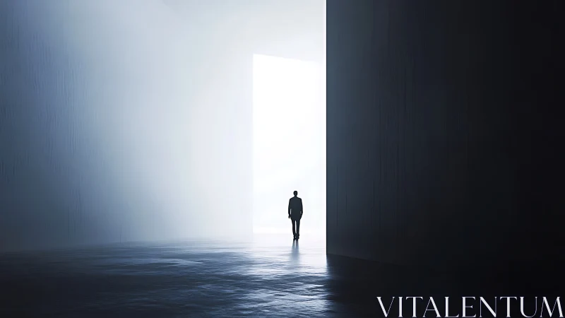 Silhouetted figure walks toward monumental portal of light