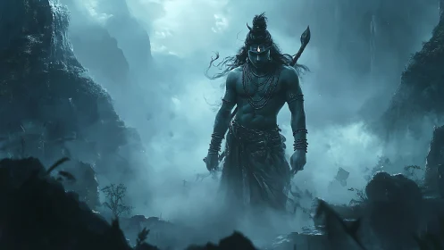 Storm-lit warrior strides through misty mountain shadows