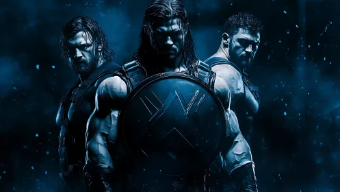 Armored warriors stand united in moody blue cinematic haze