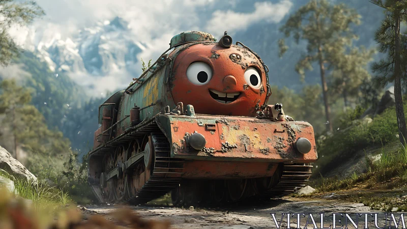 Smiling cartoon tank rolls through sunlit alpine forest path