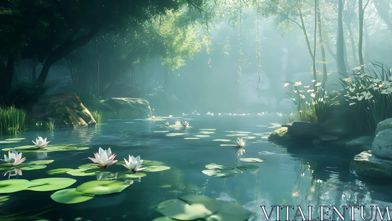 Tranquil forest pond holds white water lilies in soft light