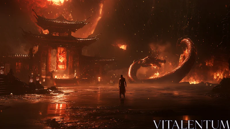 Warrior confronts fire dragon before burning temple gate.