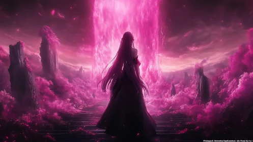 Backlit silhouette before luminous magenta dimensional rift