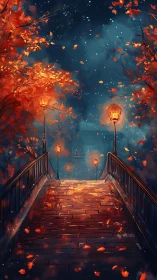 Autumn lantern bridge ascending into cobalt night whispers.