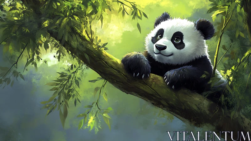 Digital painting of panda cub resting on sunlit forest branch.