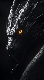 Obsidian-scaled dragon portrait with molten amber eye glow.