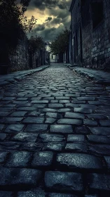 Low-angle cobblestone alleyway under dramatic storm sky.