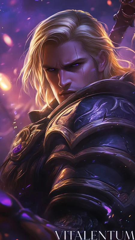 Starlit knight with violet gaze holding midnight armor.