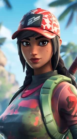 Stylized tropical game heroine in tactical streetwear profile.