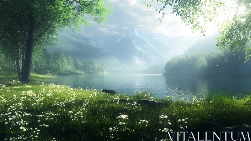 Morning light over peaceful lake and misty mountain valley.