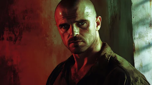 Scarred sentinel in molten shadow and fractured window light.