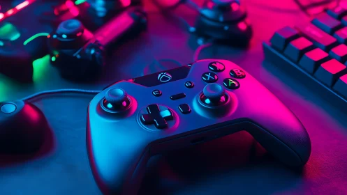 Gaming controller glows under neon RGB lights on desktop.