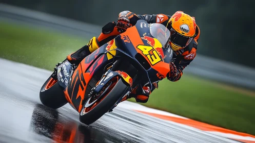 MotoGP rider carving wet apex on orange Red Bull KTM.