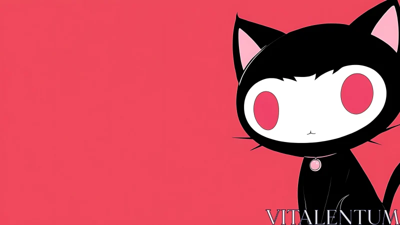 Bright-eyed black cartoon cat against bold pink backdrop.