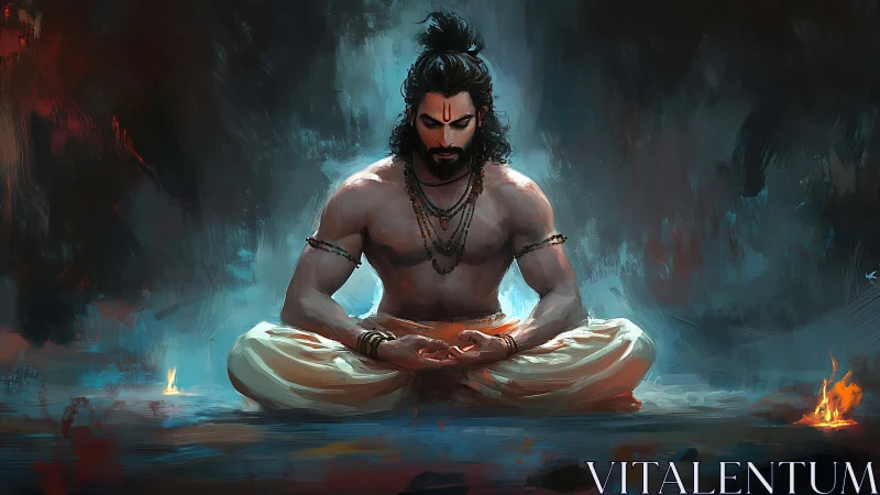 Meditating warrior saint in glowing mystical ambience.