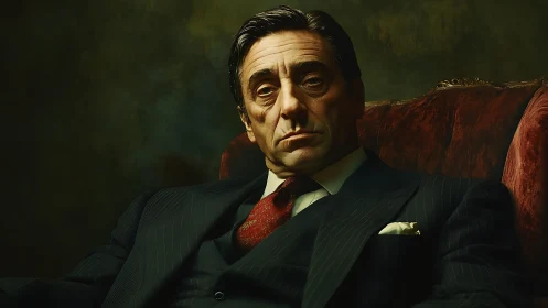 Low-key portrait of stern suited man in chiaroscuro lighting