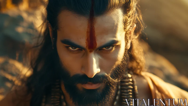 Intense warrior gaze glowing in warm golden light.