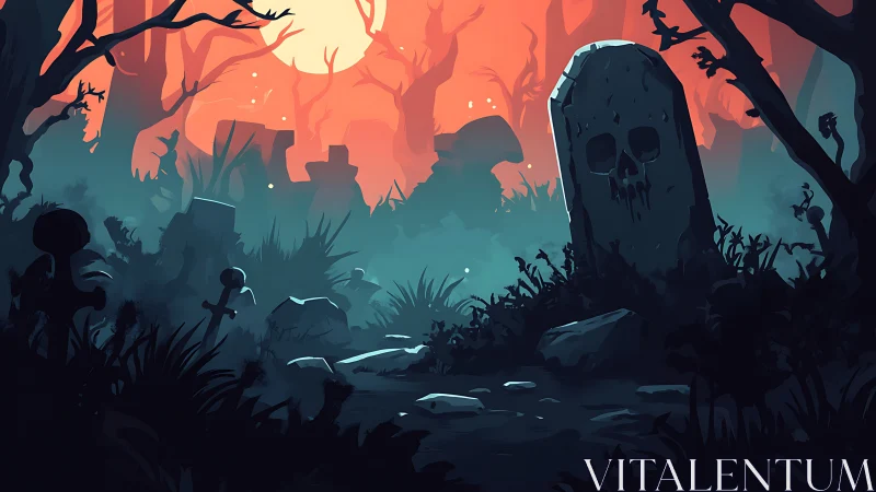 Moonlit graveyard glows through blood-red haunted fog.