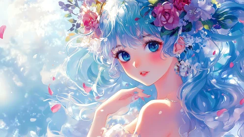 Skylit flower-crowned girl with radiant blue hair portrait.