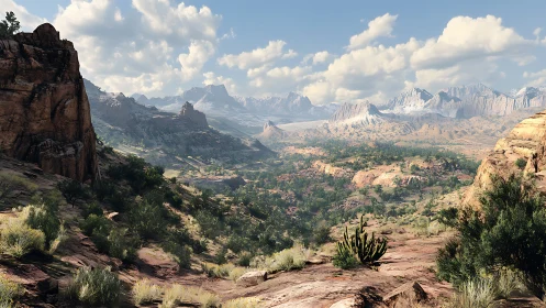 Vast rocky canyon valley under bright cloudy sky panorama
