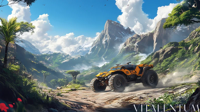Off-road vehicle traverses a mountainous jungle landscape
