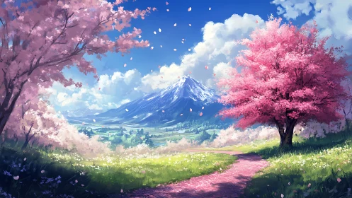 Petals drift toward the snowcapped mountain’s spring crown