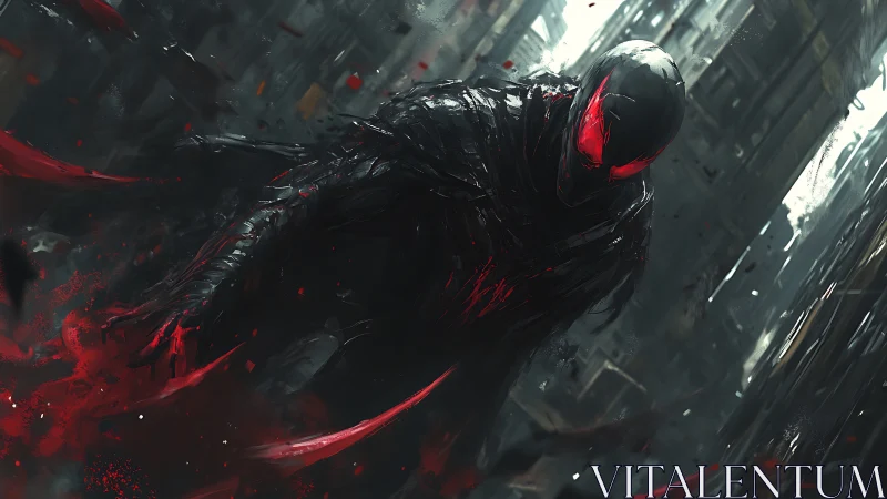 Dark armored figure with red visor in ruined city street.