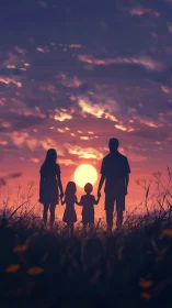 Silhouetted family stands in field facing large setting sun