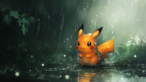 Digital painting of Pikachu in luminous forest rainfall scene.