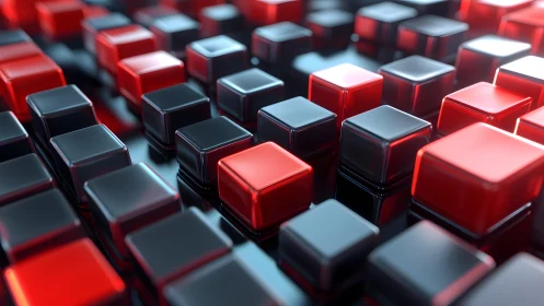 Glossy red and black cubes creating a friendly tech rhythm.