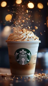 Dynamic latte macro with airborne crumb particulates in bokeh field.