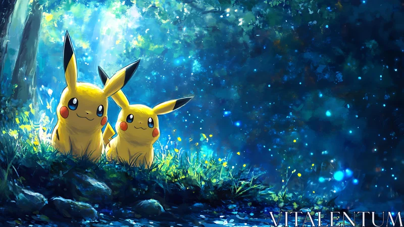 Twin yellow creatures rendered in luminous forest edge lighting