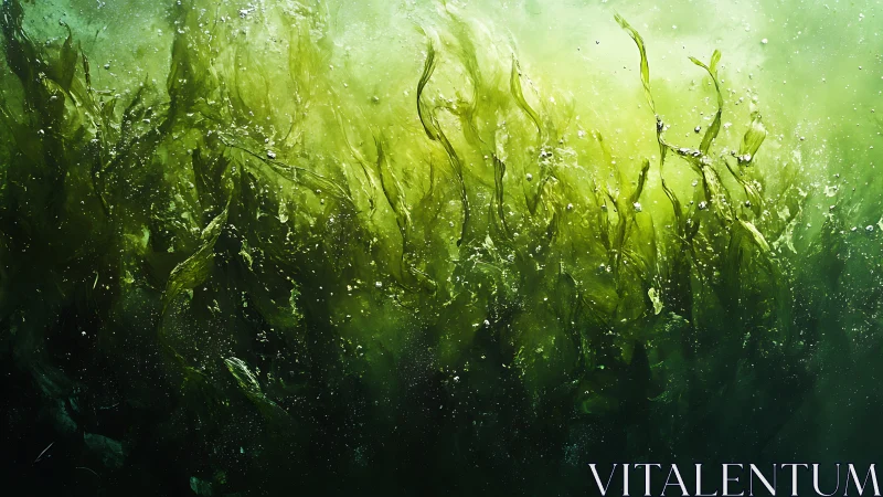 Underwater kelp forest sways in luminous emerald light