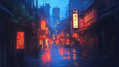 Rain-soaked neon alleyway renders bokeh-lit nocturnal city depth