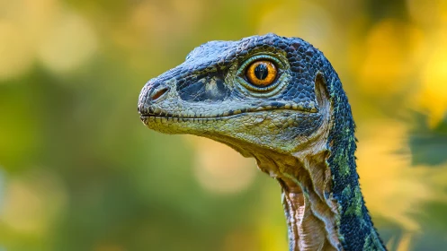 Dinosaur head closeup shows detailed scales and bright eye