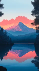 Sunrise mountain reflection over calm forest lake panorama.