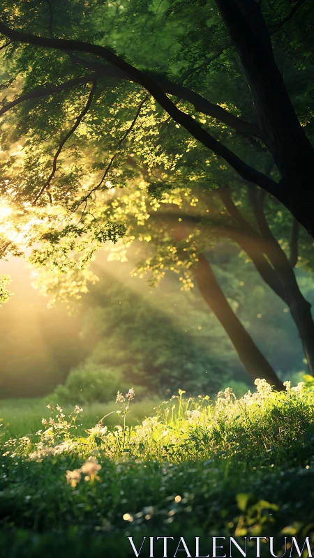 Morning sunbeams pour gently through a peaceful green forest