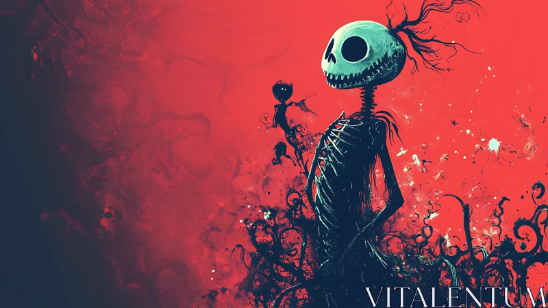 Whimsical skeleton wanderer in a swirling red dreamscape.