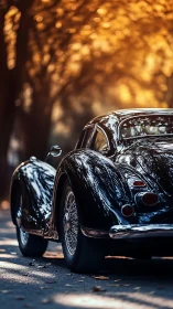 Golden-hour glow wraps a vintage black coupe in quiet charm
