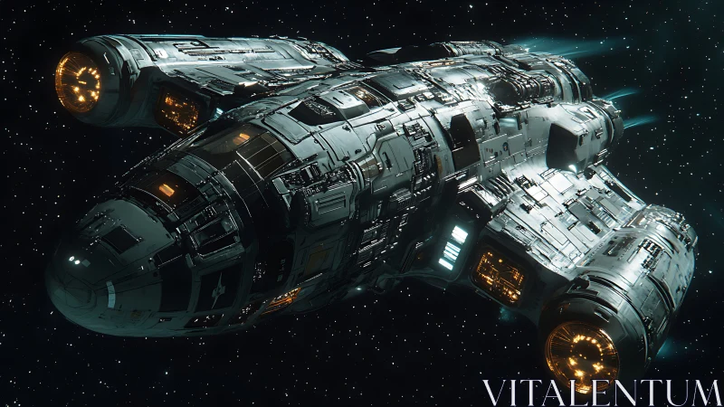 Interstellar gunmetal cruiser with glowing fusion drives.
