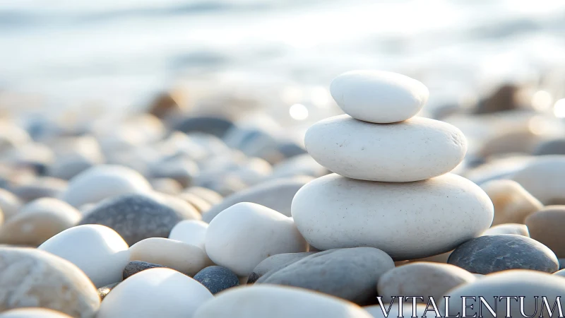 Gentle stack of white beach stones in soft morning light.