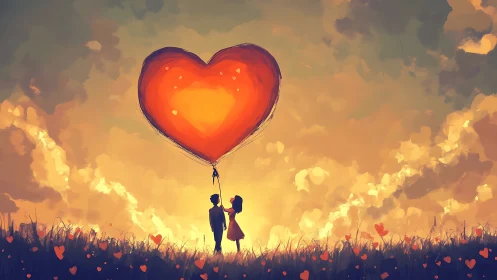 Couple Holding Giant Heart Balloon at Golden Sunset